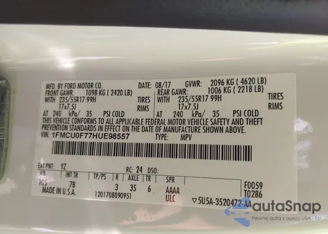 2017 Ford Escape S z USA, uszkodzony, nr VIN 1FMCU0F77HUE98557